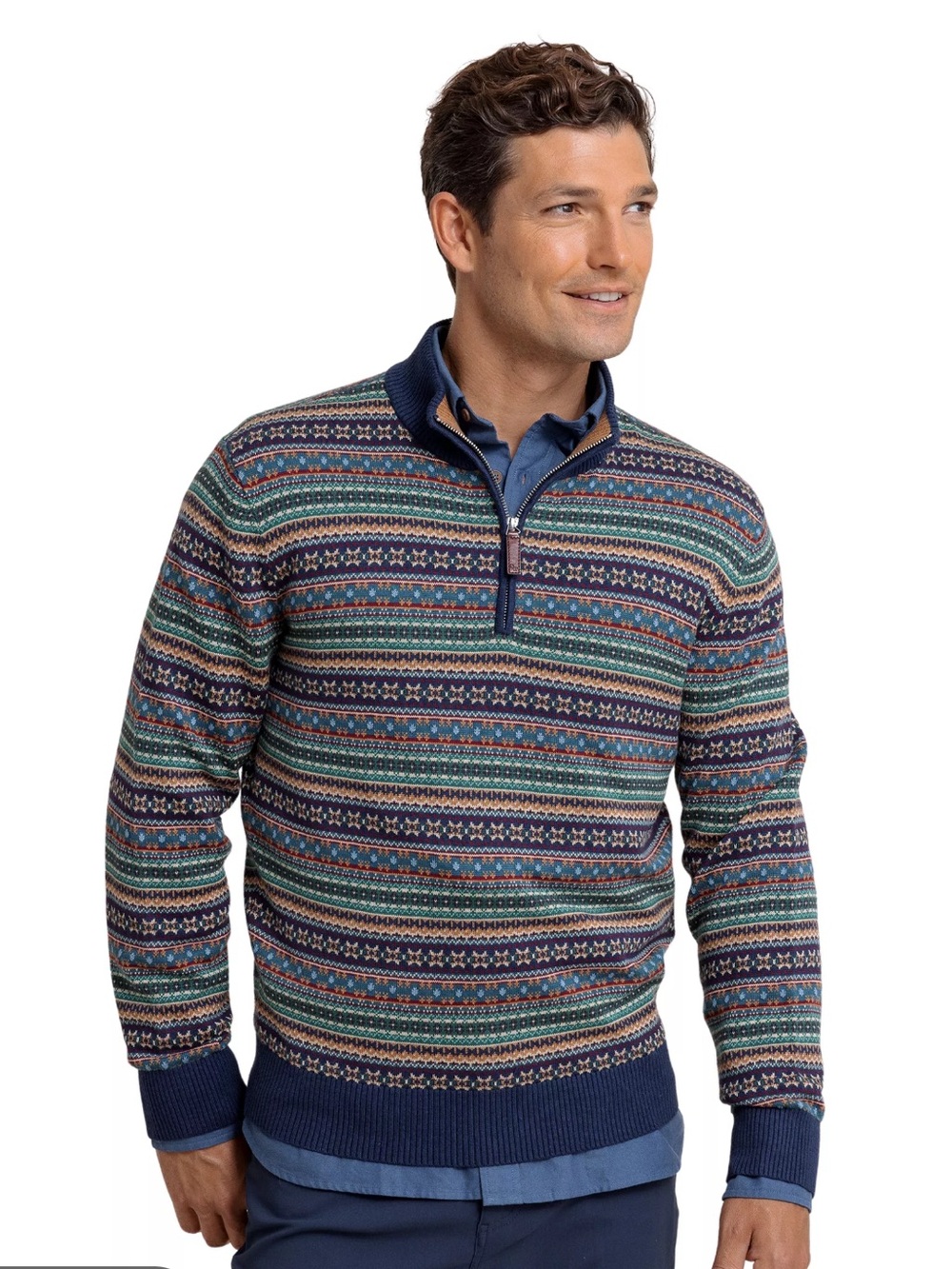 Southern Tide Heather Fair Isle Quarter Zip Sweater: Heather Dress Blue
